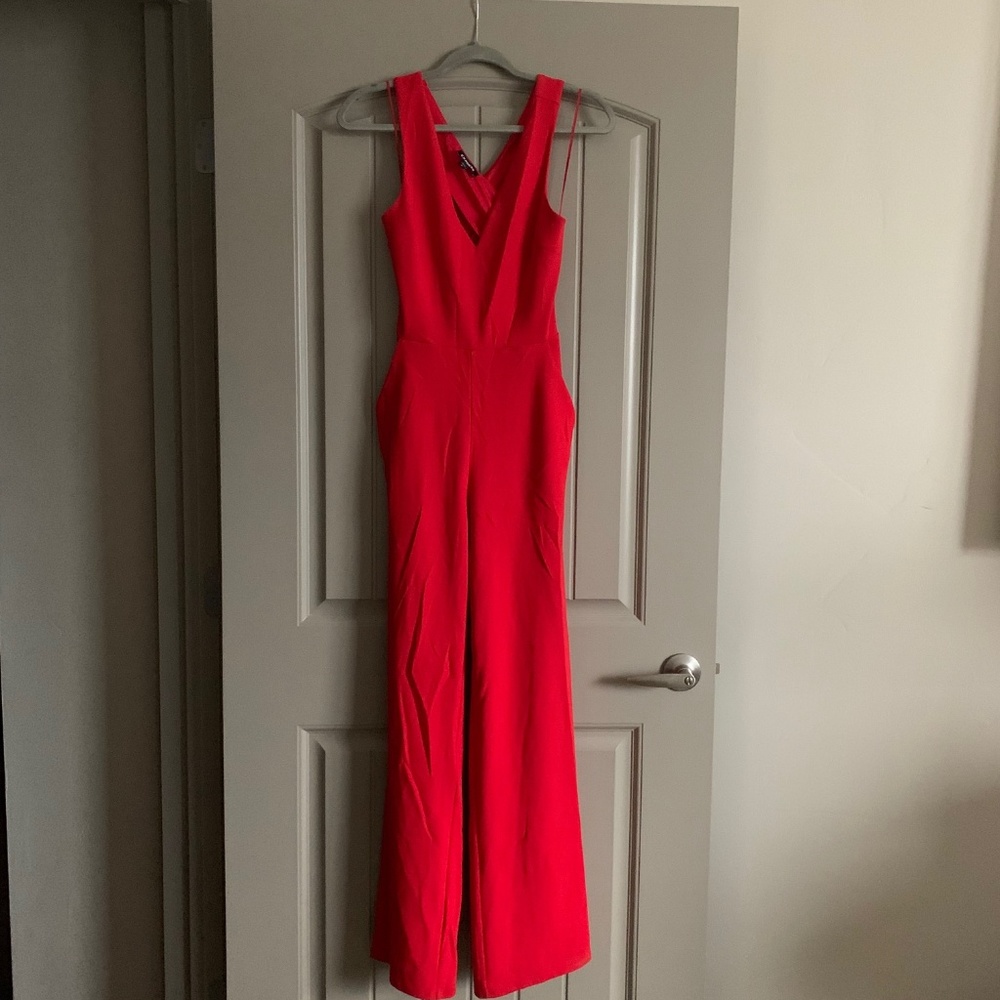 Red Backless Jumpsuit with Pockets
